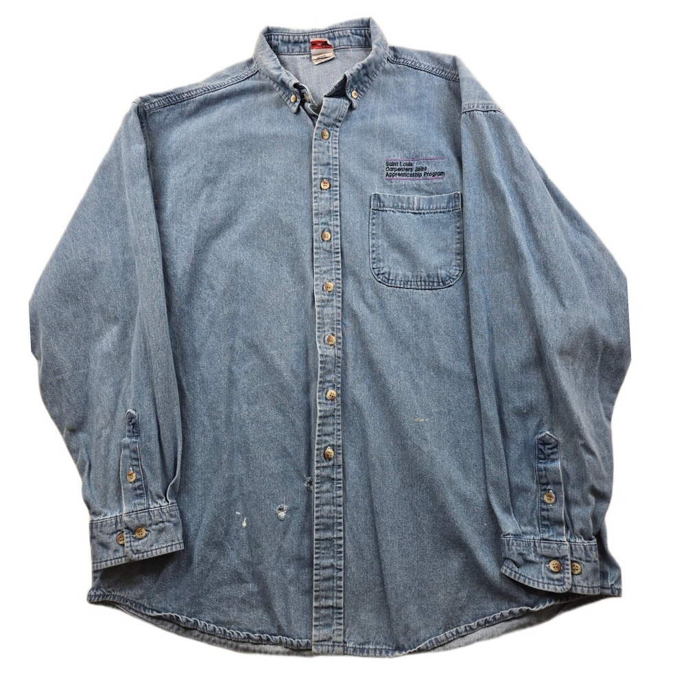 Union Line Denim Shirt Mens XL Blue Faded Jean‎ Long Sleeve Carpenters Logo USA